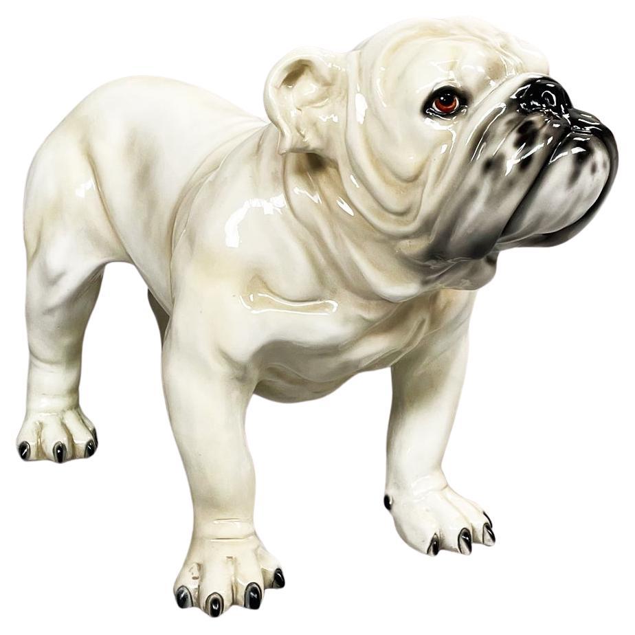 Italian Modern Sculpture of Standing Bulldogge Dog in Beige Black Ceramic, 1970s For Sale