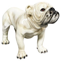 Vintage Italian Modern Sculpture of Standing Bulldogge Dog in Beige Black Ceramic, 1970s