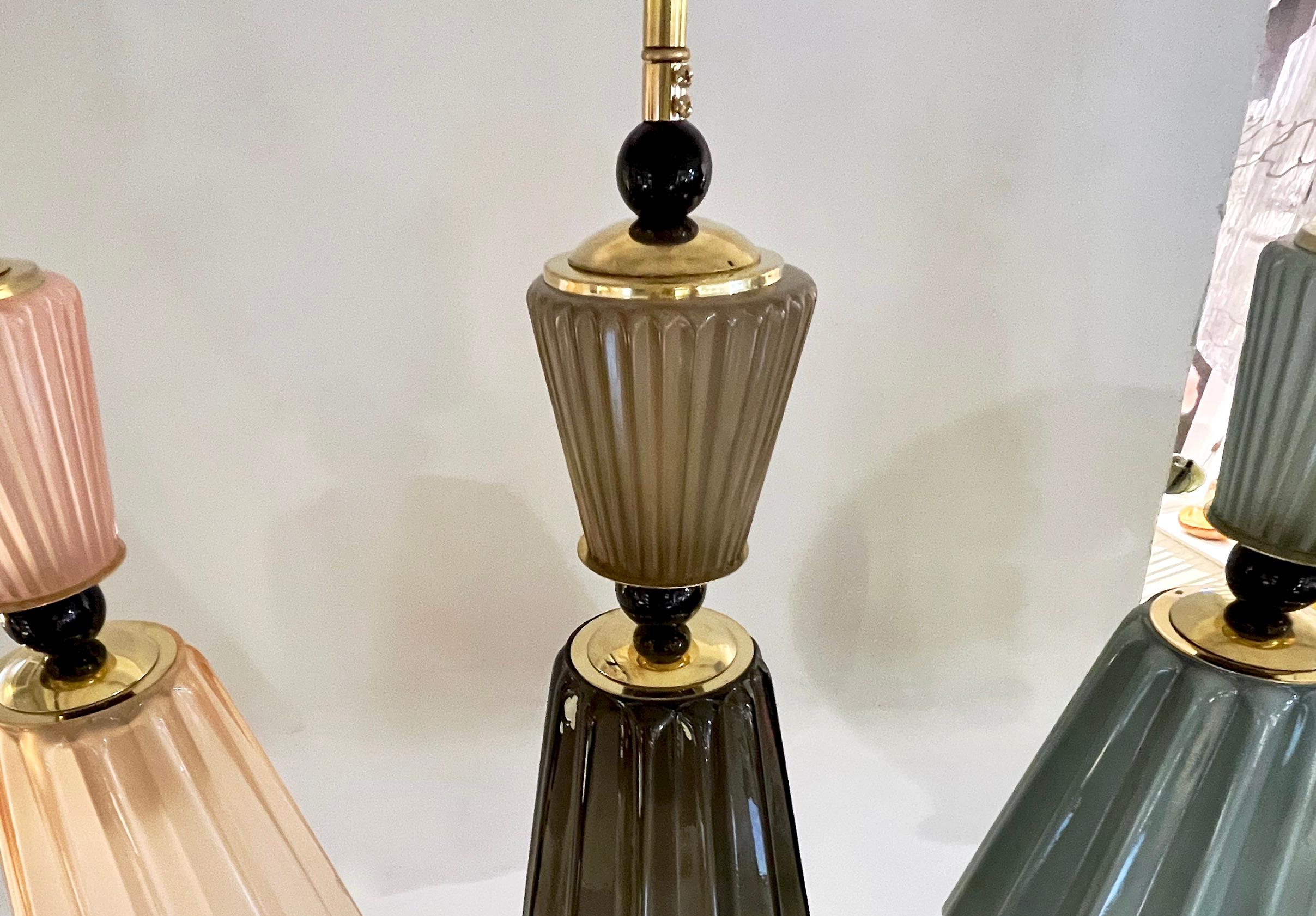 Brass Italian Modern Set of 3 Smoked Gray, Pink, Aqua Blue Murano Glass Star Pendants  For Sale