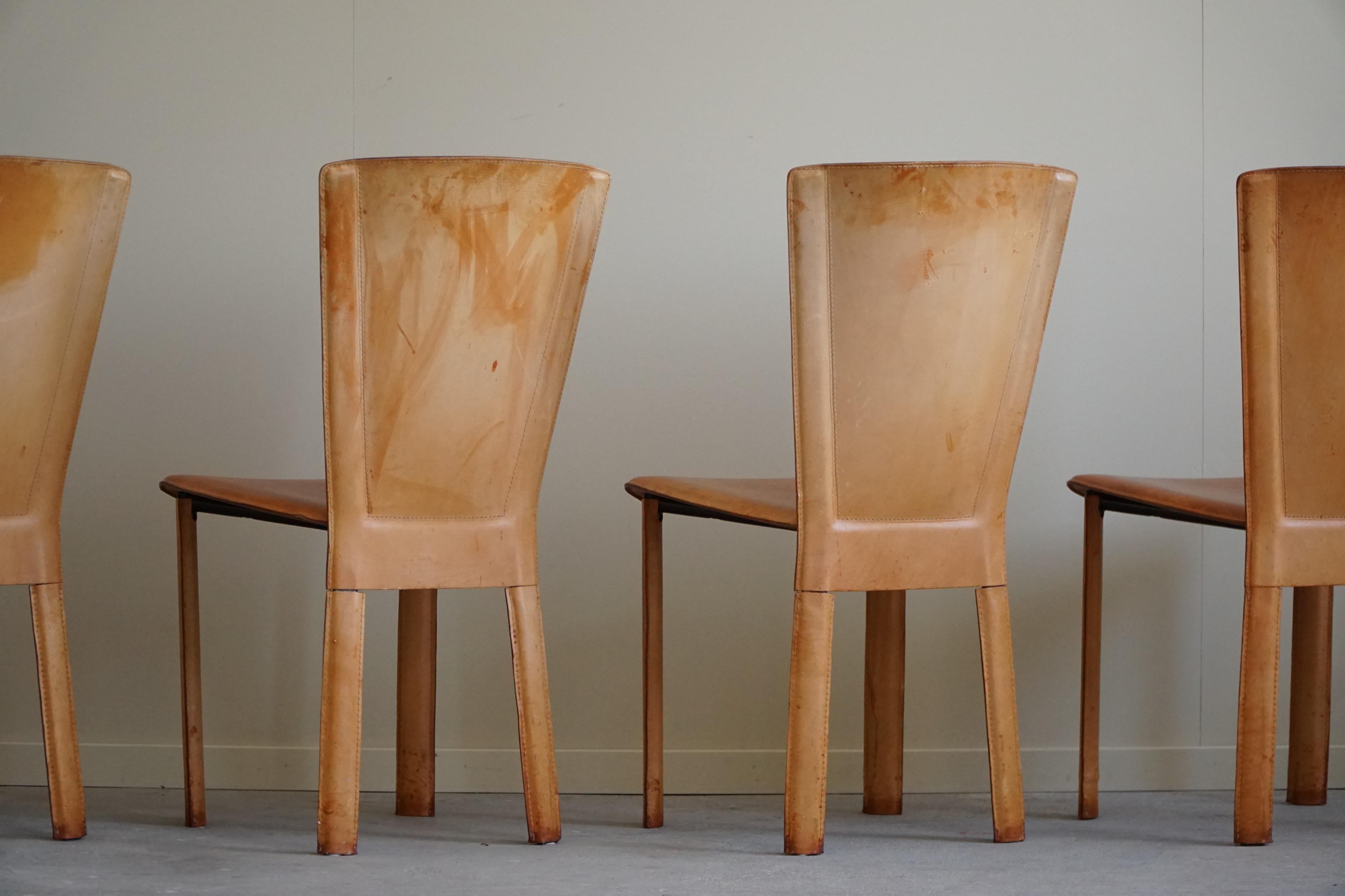 20th Century Italian Modern, Set of 4 Dining Chairs in Cognac Leather, Mario Bellini, 1970s