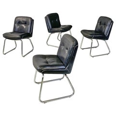 Italian Modern Set of Black Leather and Chromed Steel Chairs, 1970s Italian Modern Set of Black Leather and Chromed Steel Chairs, 1970s