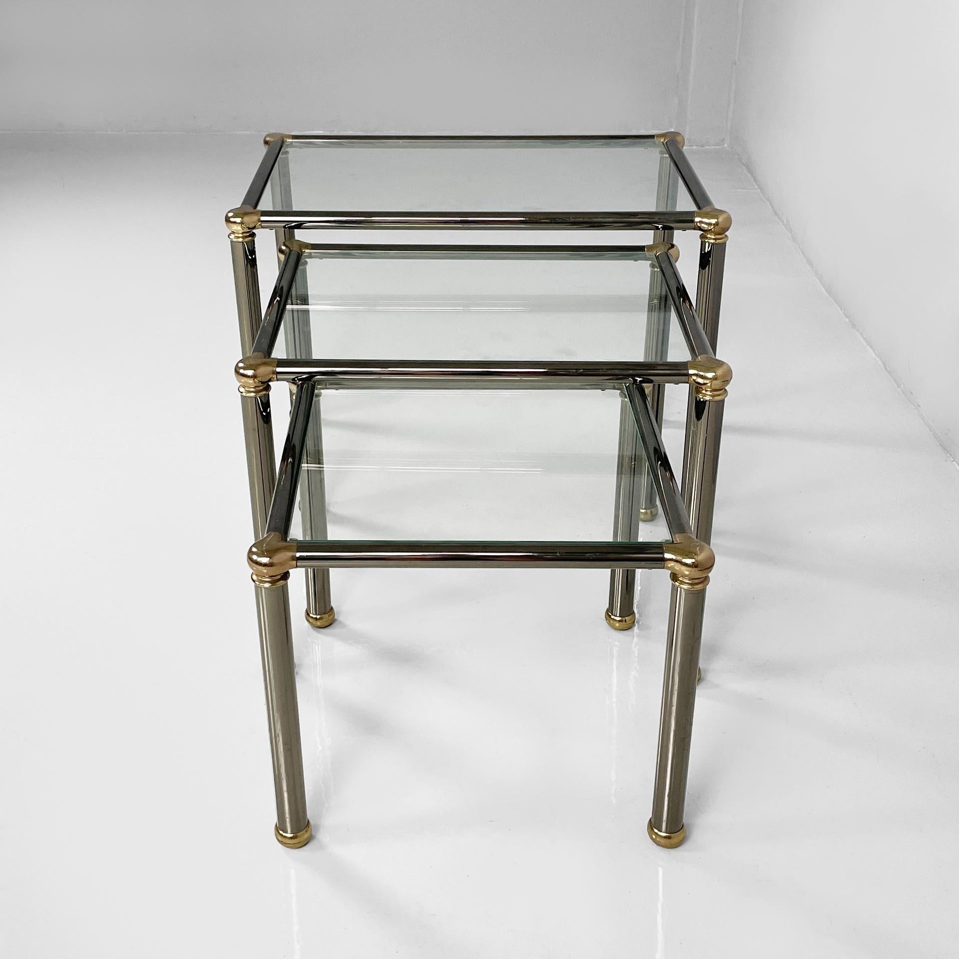 Modern Italian modern set of coffe tables in metal and glass, 1980s For Sale