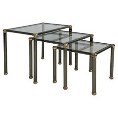 Italian modern set of coffe tables in metal and glass, 1980s