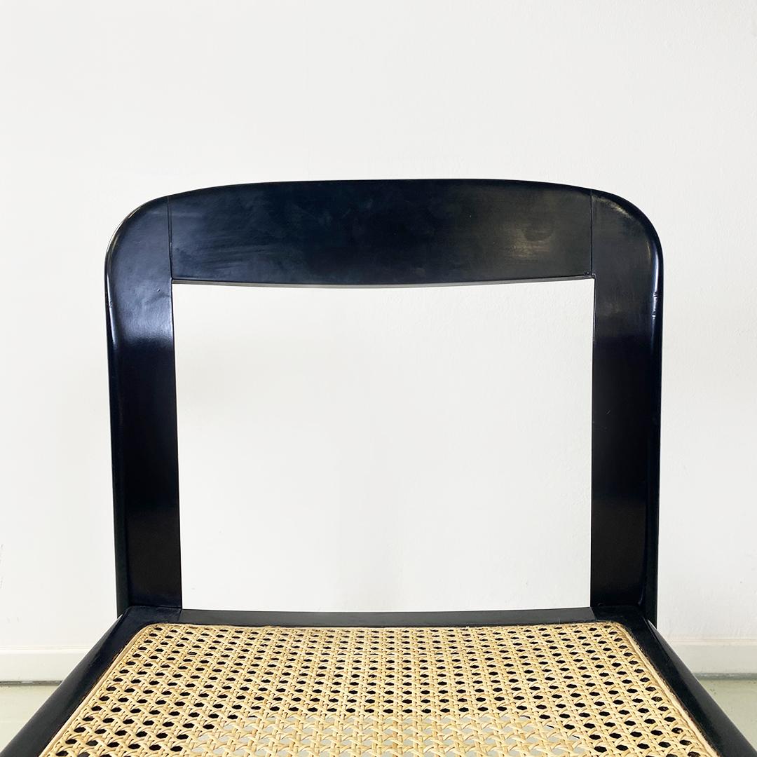 Ensemble de six chaises modernes italiennes en bois laqué noir et paille de Vienne, années 1980 6