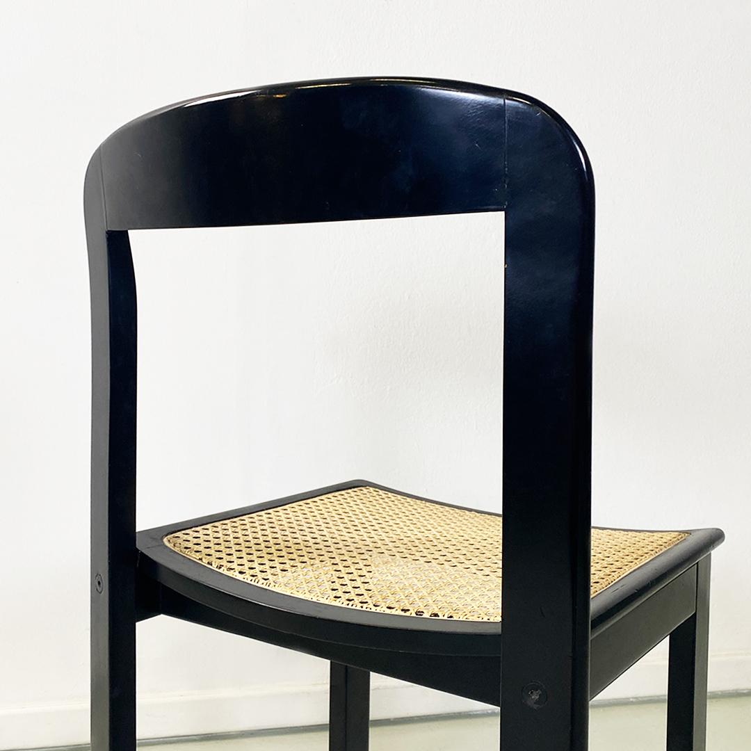 Ensemble de six chaises modernes italiennes en bois laqué noir et paille de Vienne, années 1980 7