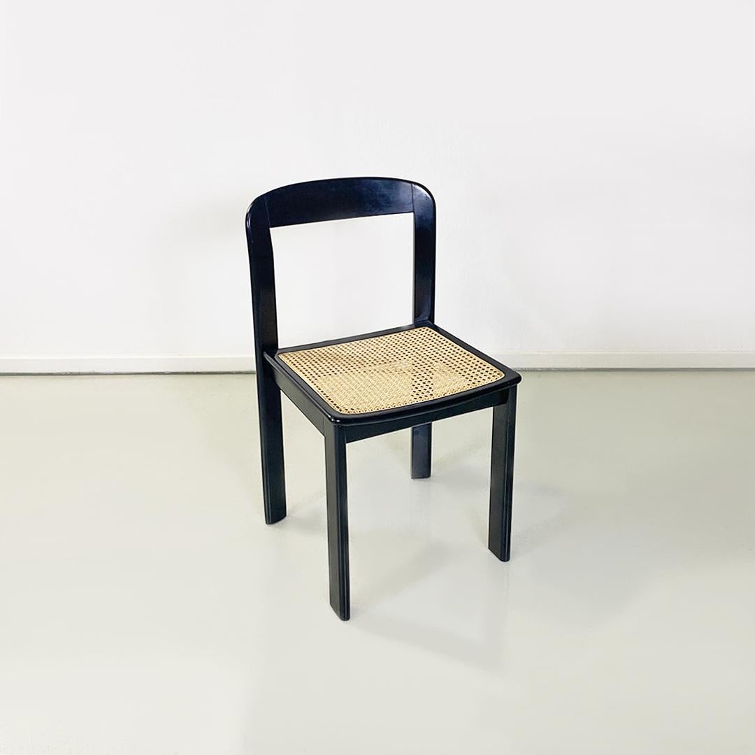 Moderne Ensemble de six chaises modernes italiennes en bois laqué noir et paille de Vienne, années 1980