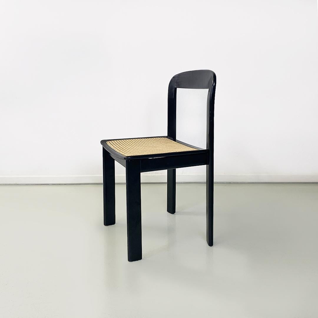 Late 20th Century Italian Modern Set of Six Black Lacquered Wood and Vienna Straw Chairs, 1980s For Sale
