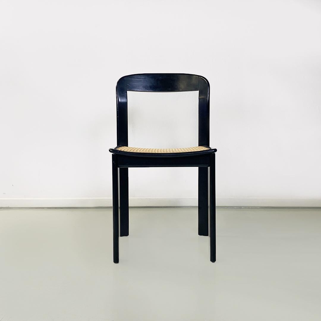 Italian Modern Set of Six Black Lacquered Wood and Vienna Straw Chairs, 1980s 1