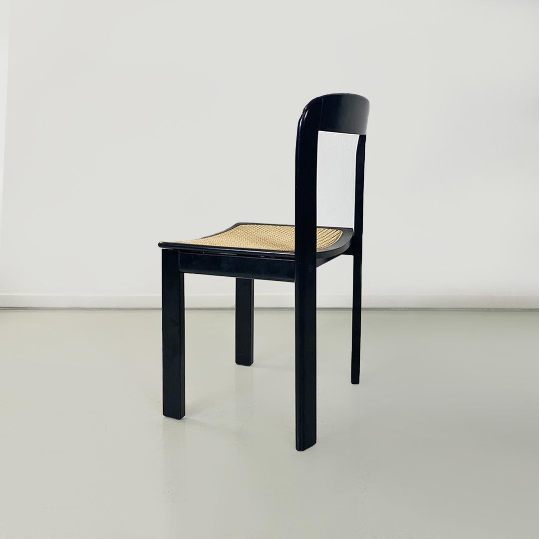 Italian Modern Set of Six Black Lacquered Wood and Vienna Straw Chairs, 1980s 3