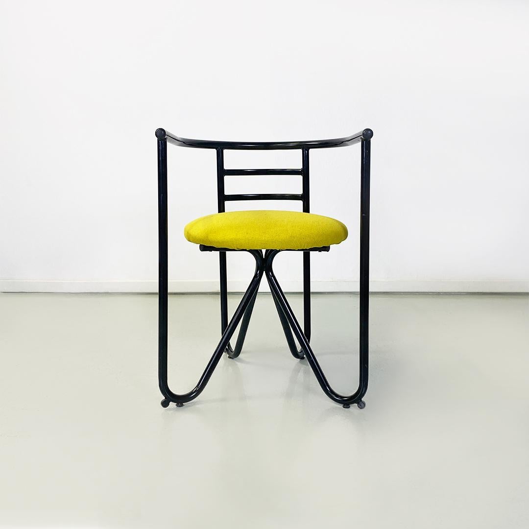 Modern Italian modern set of six black metal and lemon yellow cotton chairs, 1980s For Sale