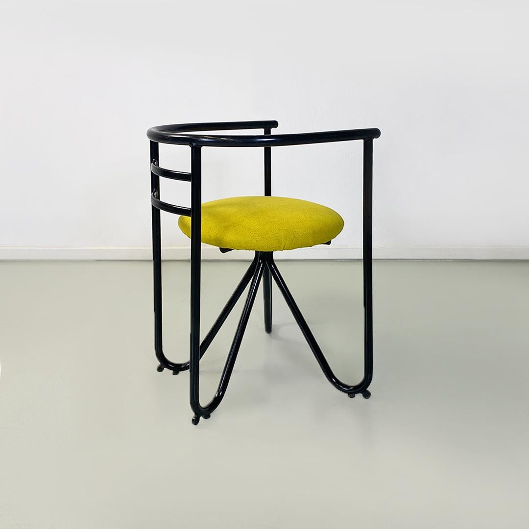 Late 20th Century Italian modern set of six black metal and lemon yellow cotton chairs, 1980s For Sale