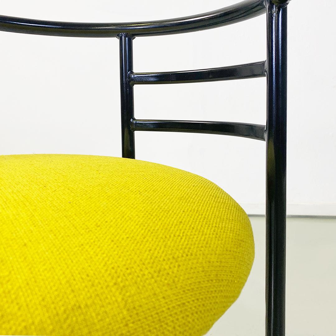 Italian modern set of six black metal and lemon yellow cotton chairs, 1980s For Sale 1