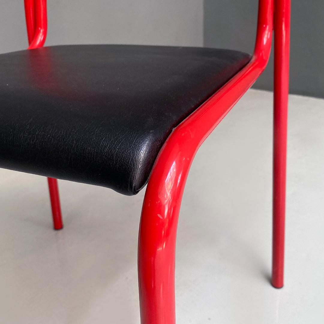Italian Modern Set of Six Stackable Red Metal and Black Faux Leather Chairs 1980 For Sale 4