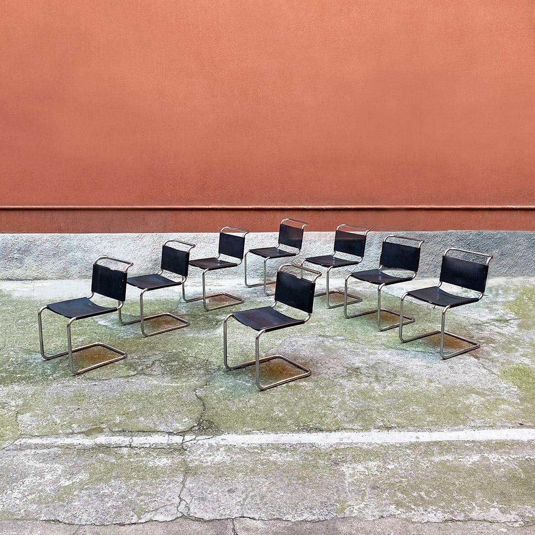 Italian modern set of eight steel and leather chairs inspired by Cantilever S33 by Mart Stam and attributable to Gavina, 1970s.
Set of eight chairs with tubular steel and black leather structure, with connecting laces both behind the backrest and
