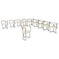 Italian Modern Set of Ten Steel and White Glossy Faux Leather Chairs, 1970s