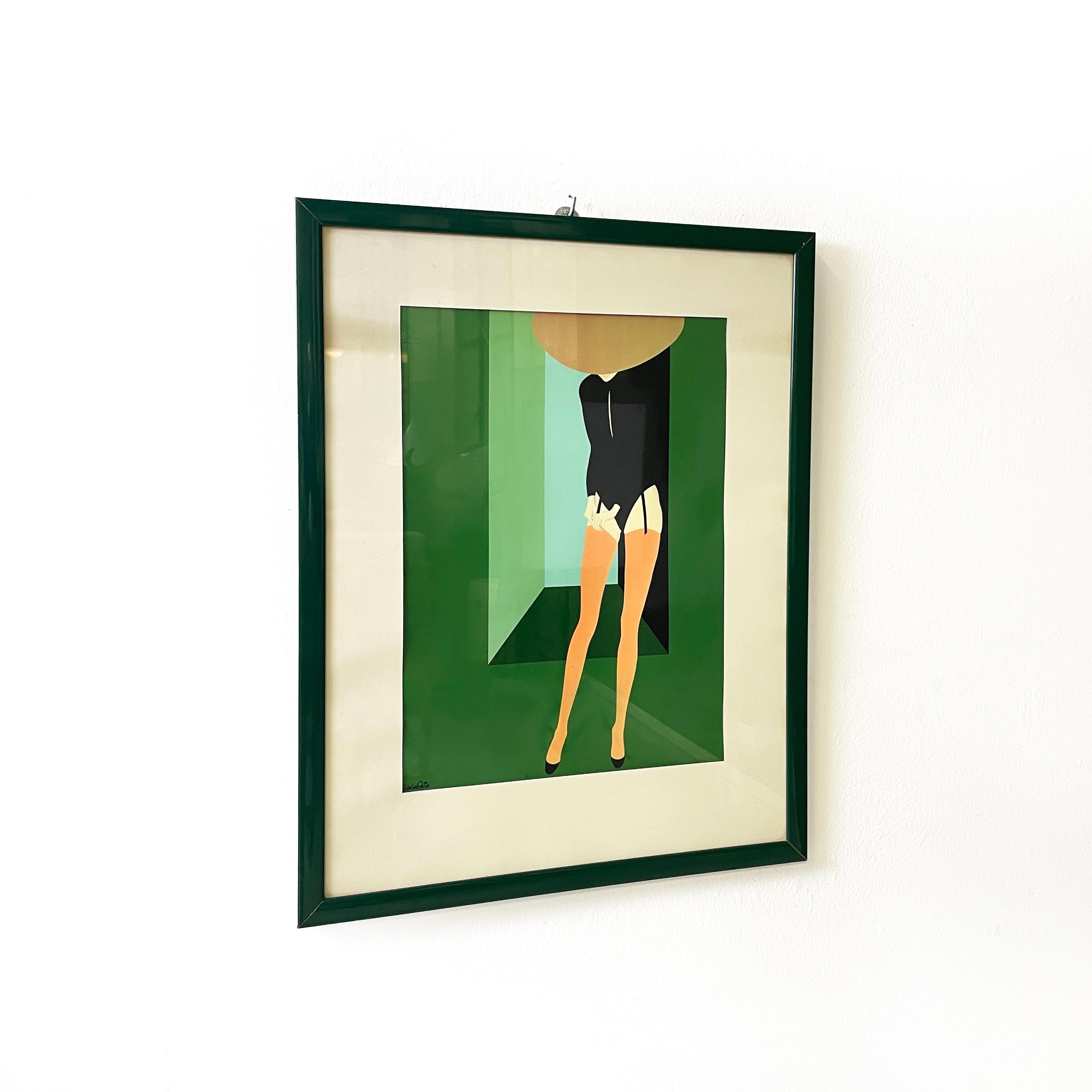 Italian modern Silkscreen print Red Stockings by Amleto Dalla Costa, 1970s
Elegant and fantastic silkscreen print on paper entitled Red Stockings, representing a female figure on a green background. The woman is wearing a black bodysuit, pink-orange