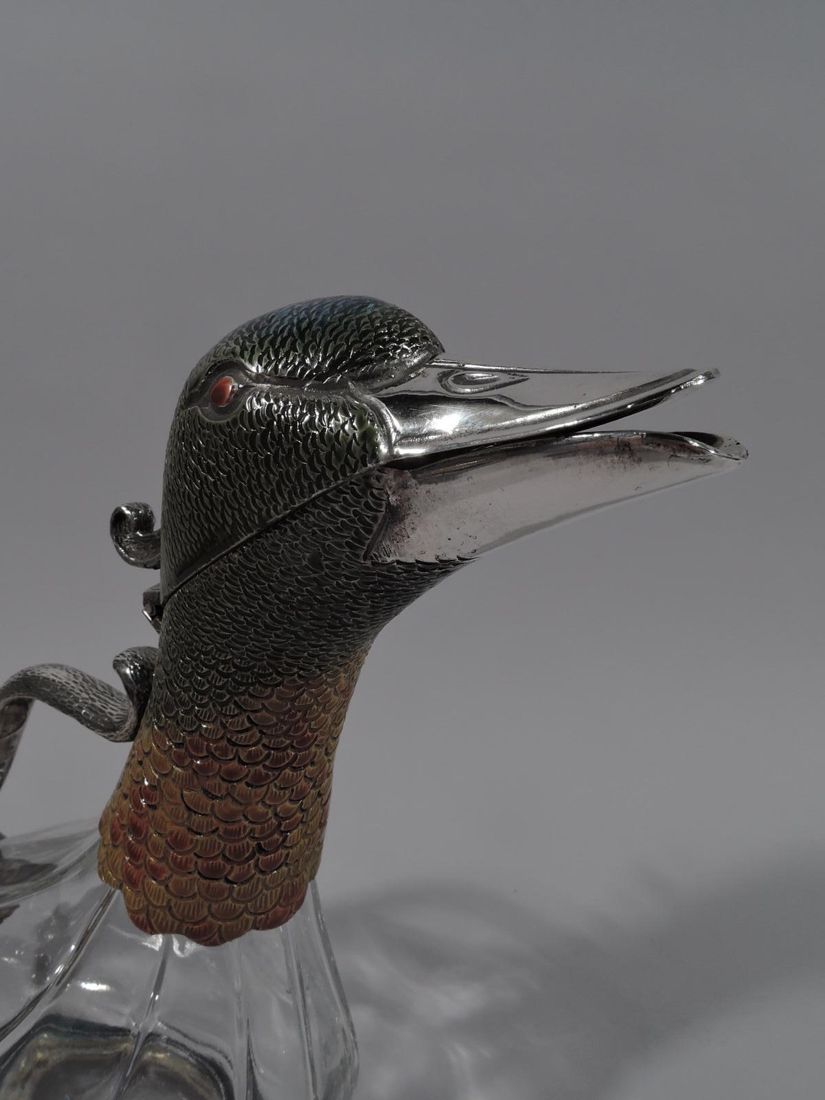 Enameled Italian Modern Silver and Enamel Quacking Duck Decanter