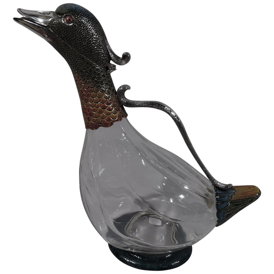 Italian Modern Silver and Enamel Quacking Duck Decanter