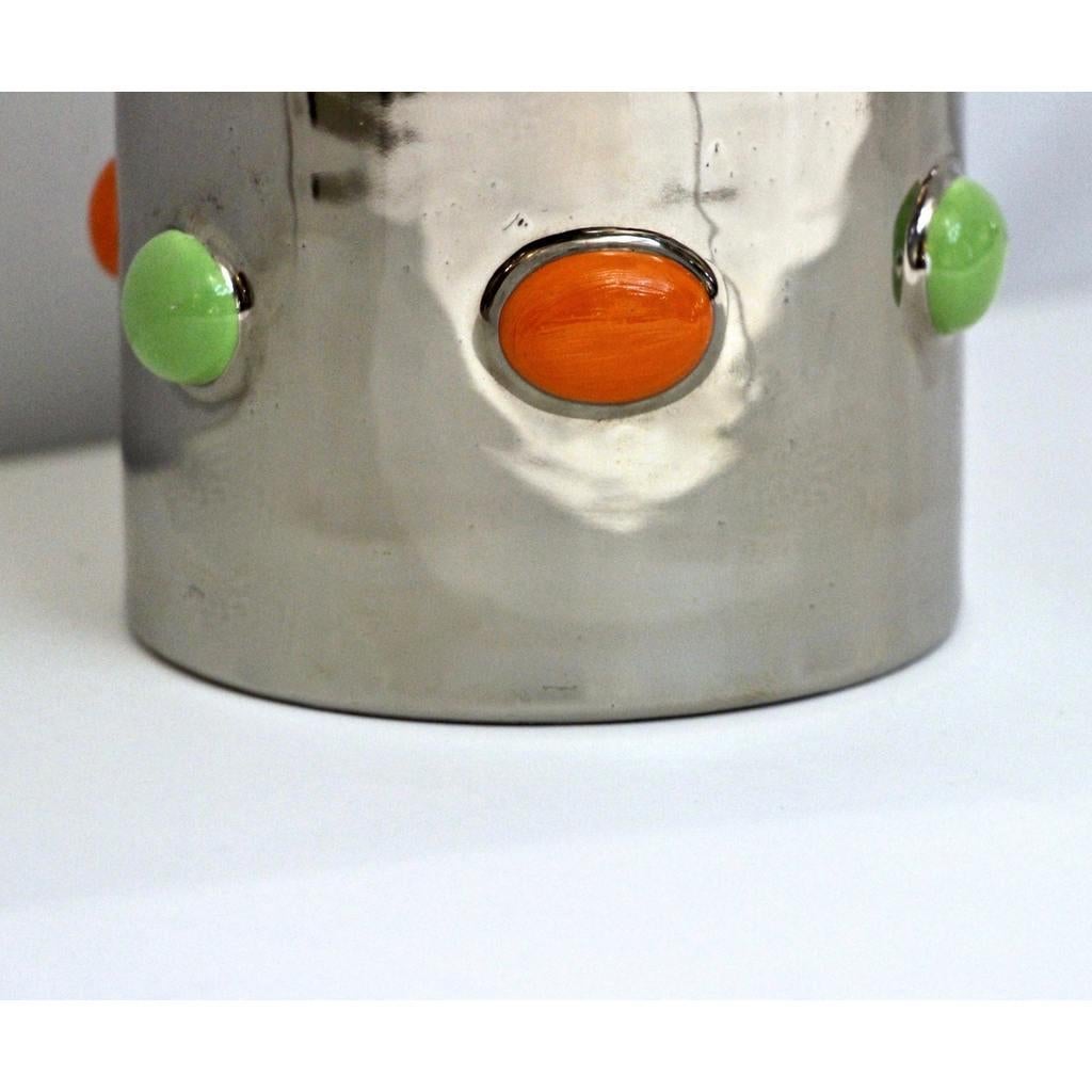 Italian Modern Silver Platinum White Majolica Crown Vase with Orange Green Dots In New Condition For Sale In New York, NY