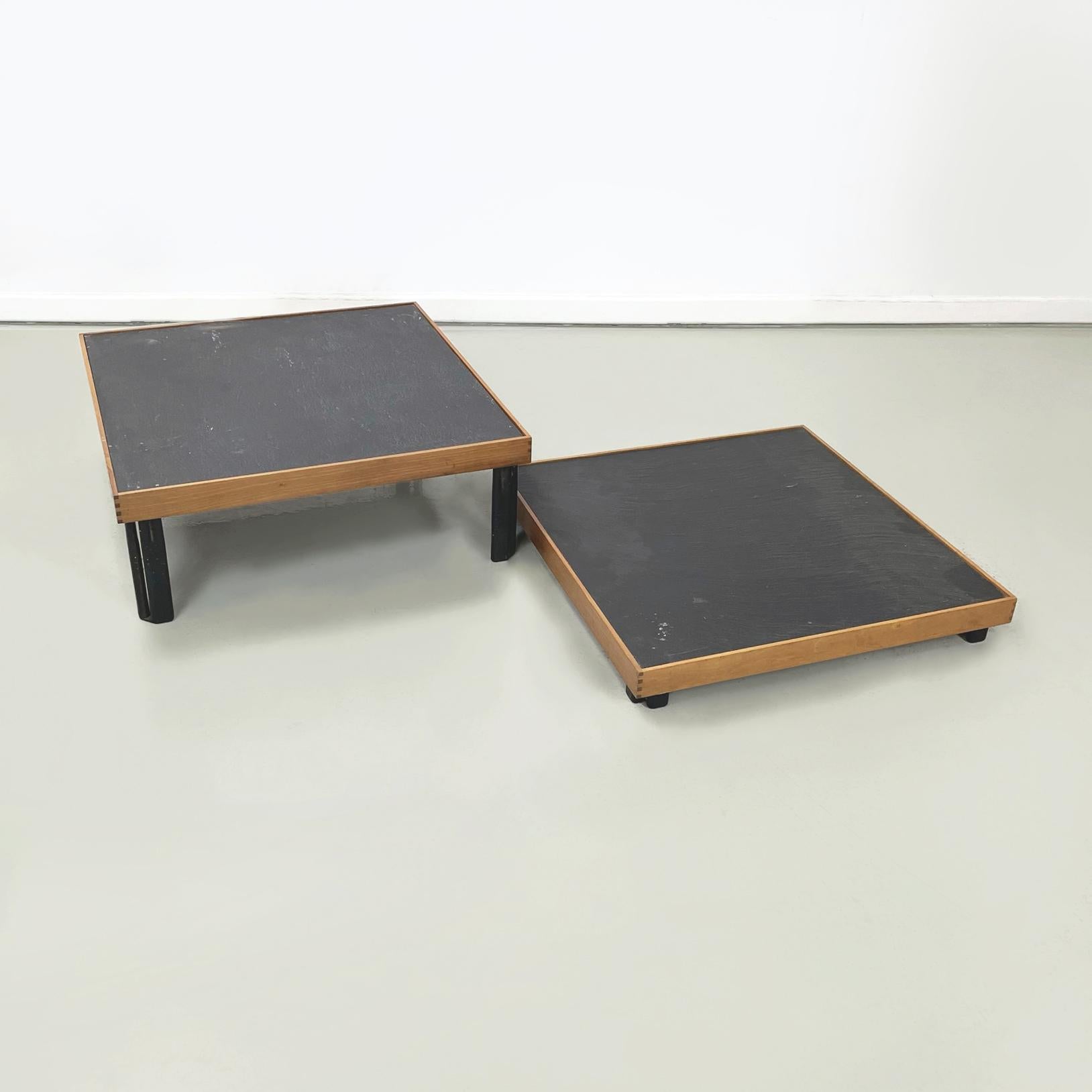 Late 20th Century Italian modern Slate wood metal Coffee tables by De Martini for Cassina, 1980s For Sale