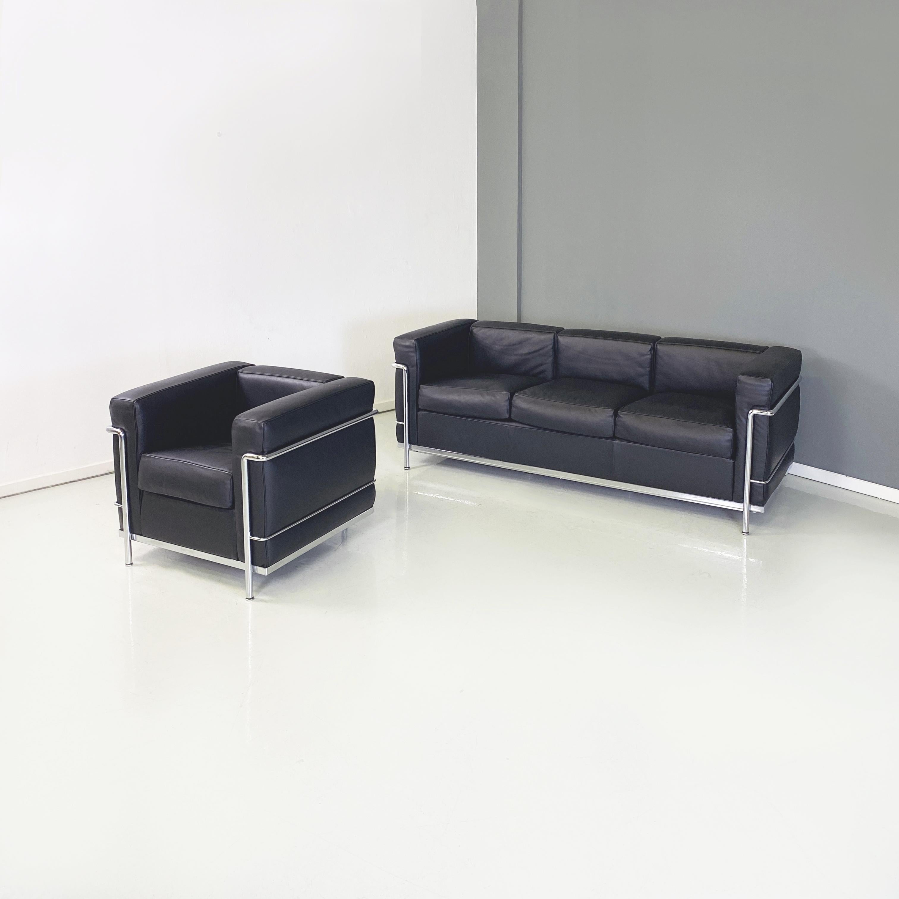 Italian modern Sofa and armchair LC by Le Corbusier, Jeanneret and Perriand for Cassina, 1980s
Three seater sofa mod. LC2 and armchair mod. LC3 with metal tubular structure. The squared seats, backrests and armrests are upholstered and upholstered