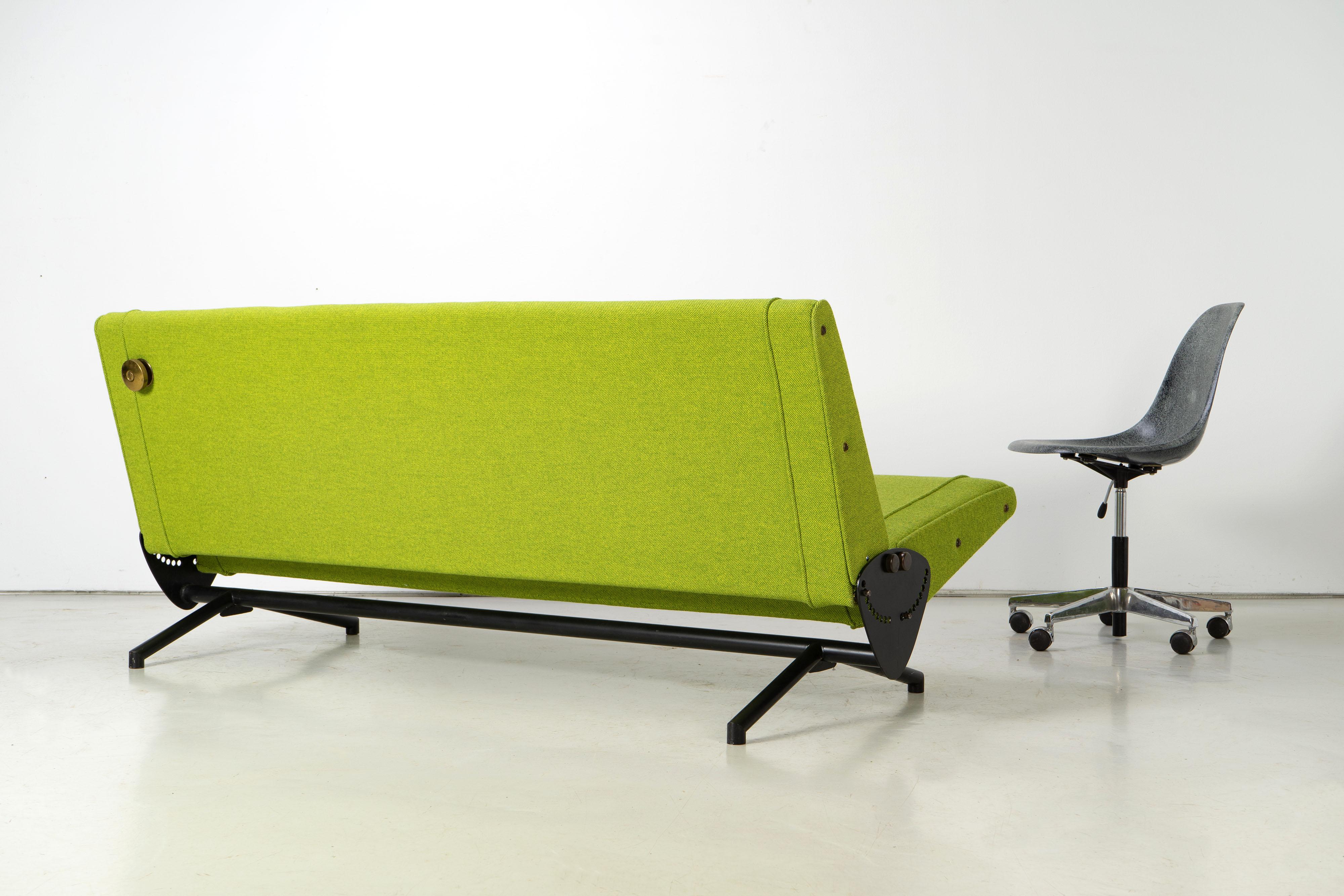 Tecno D70 sofa by Osvaldo Borsani, Italy 1954. Black lacquered steel frame with new wool upholstery (with Kvadrat fabric). The seat and backrest can be reclined in different positions with convenient and beautifully designed brass knobs, a patented