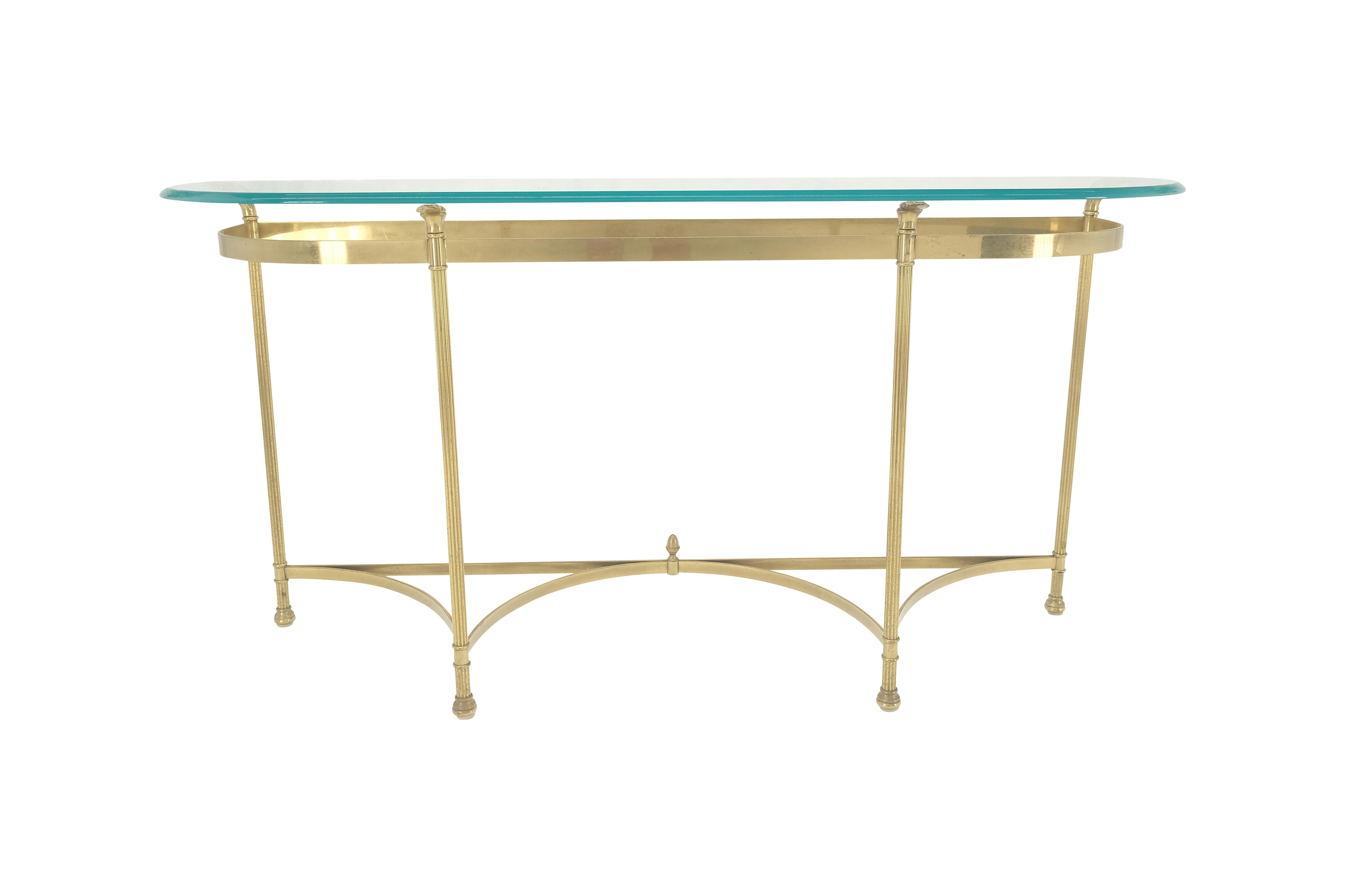 Mid-Century Modern Italian Modern Solid Brass Base Demi Lune Shape Glass Top Console Sofa Table  For Sale
