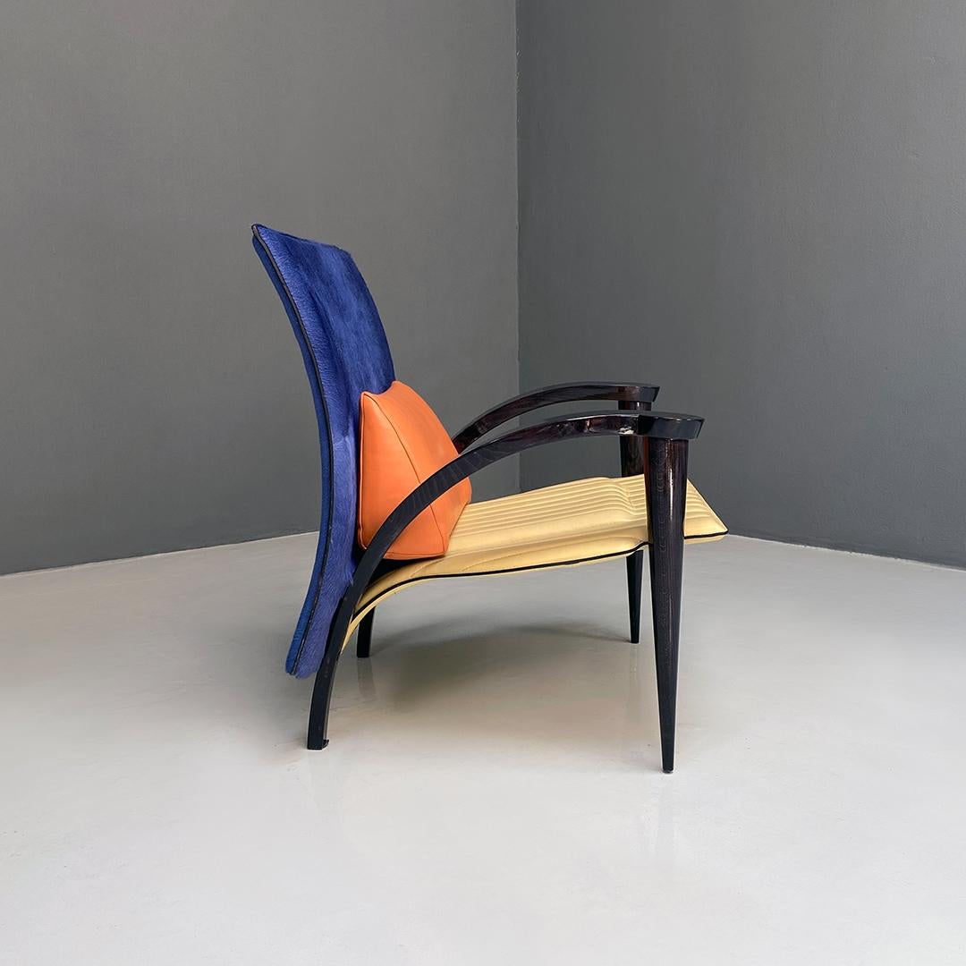 Italian Modern Solid Wood and Leather Multicolor Armchair with Armrests 1980s In Good Condition For Sale In MIlano, IT