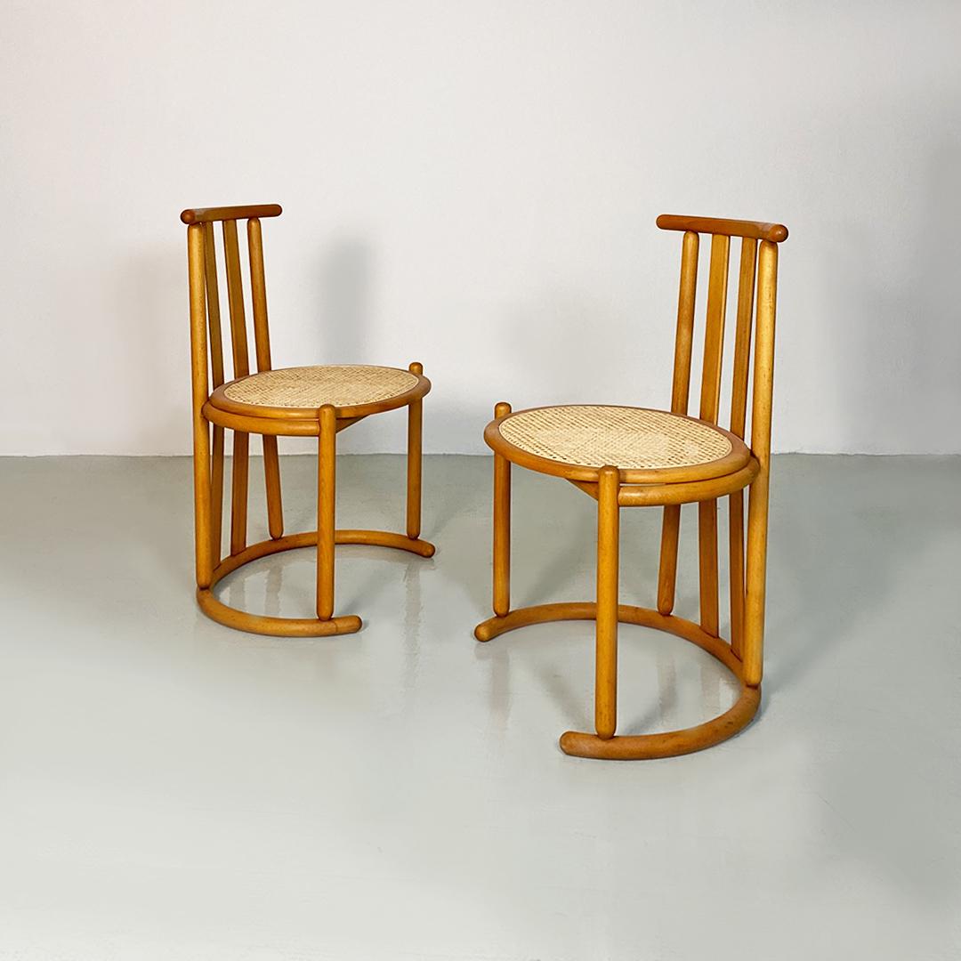 Italian Modern Solid Wood and Vienna Straw Pair of High Backed Chairs, 1980s For Sale 8