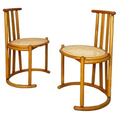 Retro Italian Modern Solid Wood and Vienna Straw Pair of High Backed Chairs, 1980s