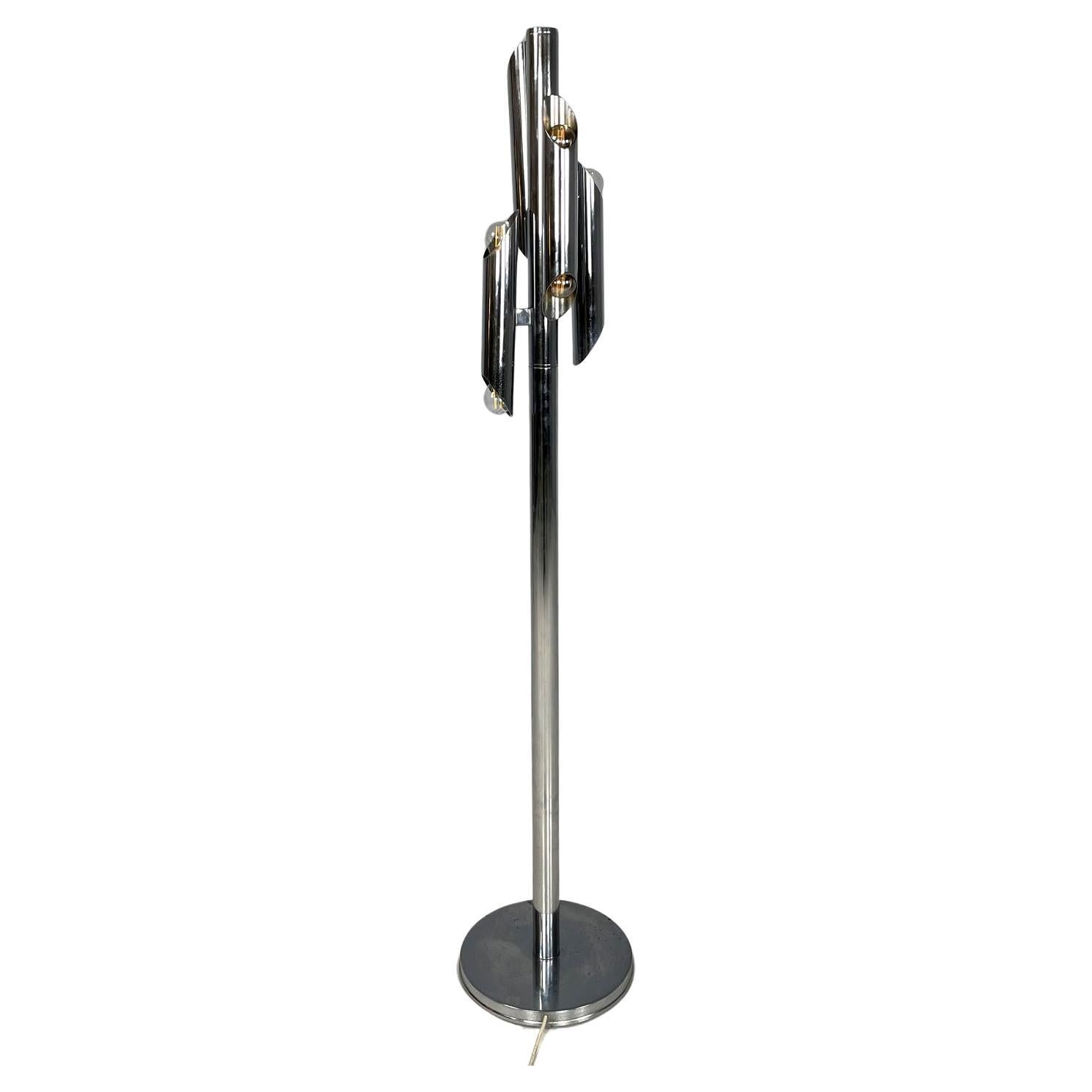 Italian modern Space Age floor lamp in chromed metal, 1970s For Sale