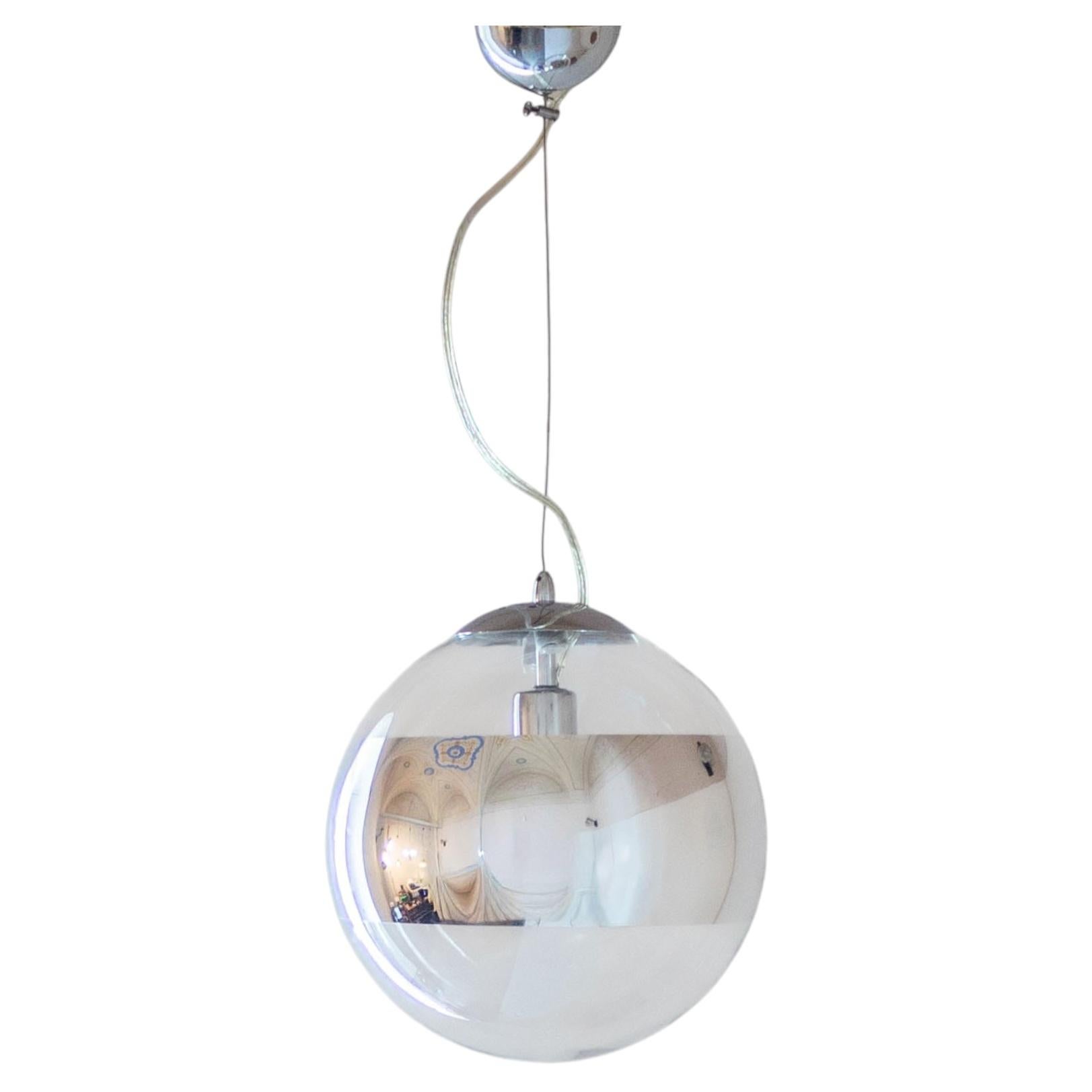 Lampada a sospensione Modern Age italiana, vetro e metallo argentato, anni '80