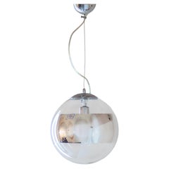 Italian Modern Space Age Pendant Light, Glass & Silver Metal, 1980s