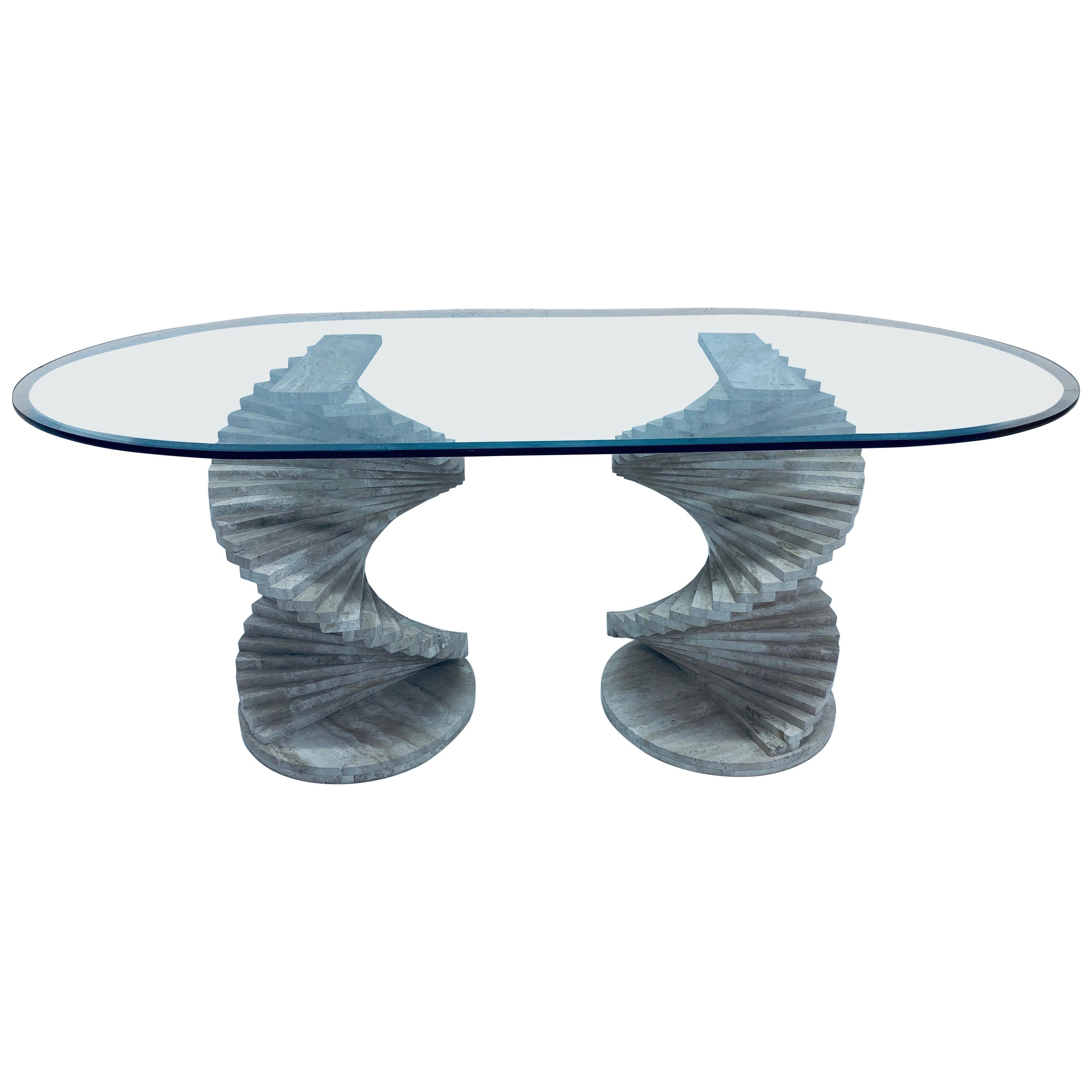 Italian Modern Spiral Stacked Travertine Dining or Center Table