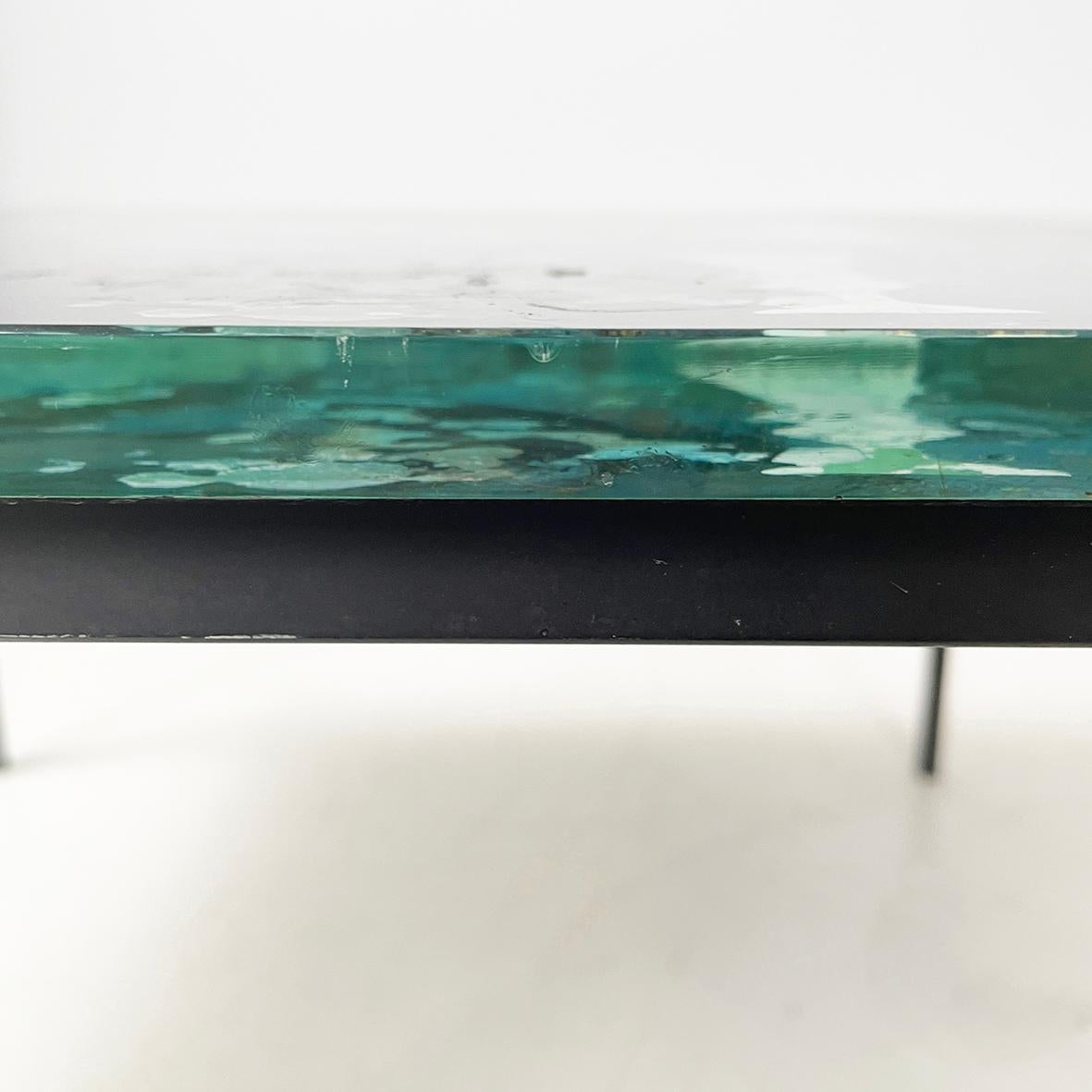 Italian modern Square coffee table blue decorated glass and black metal, 1980s For Sale 6
