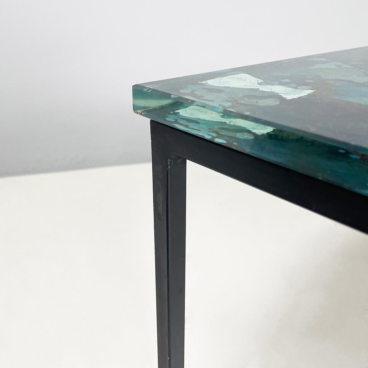 Italian modern Square coffee table blue decorated glass and black metal, 1980s For Sale 7