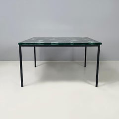 Italian modern Square coffee table blue decorated glass and black metal, 1980s
