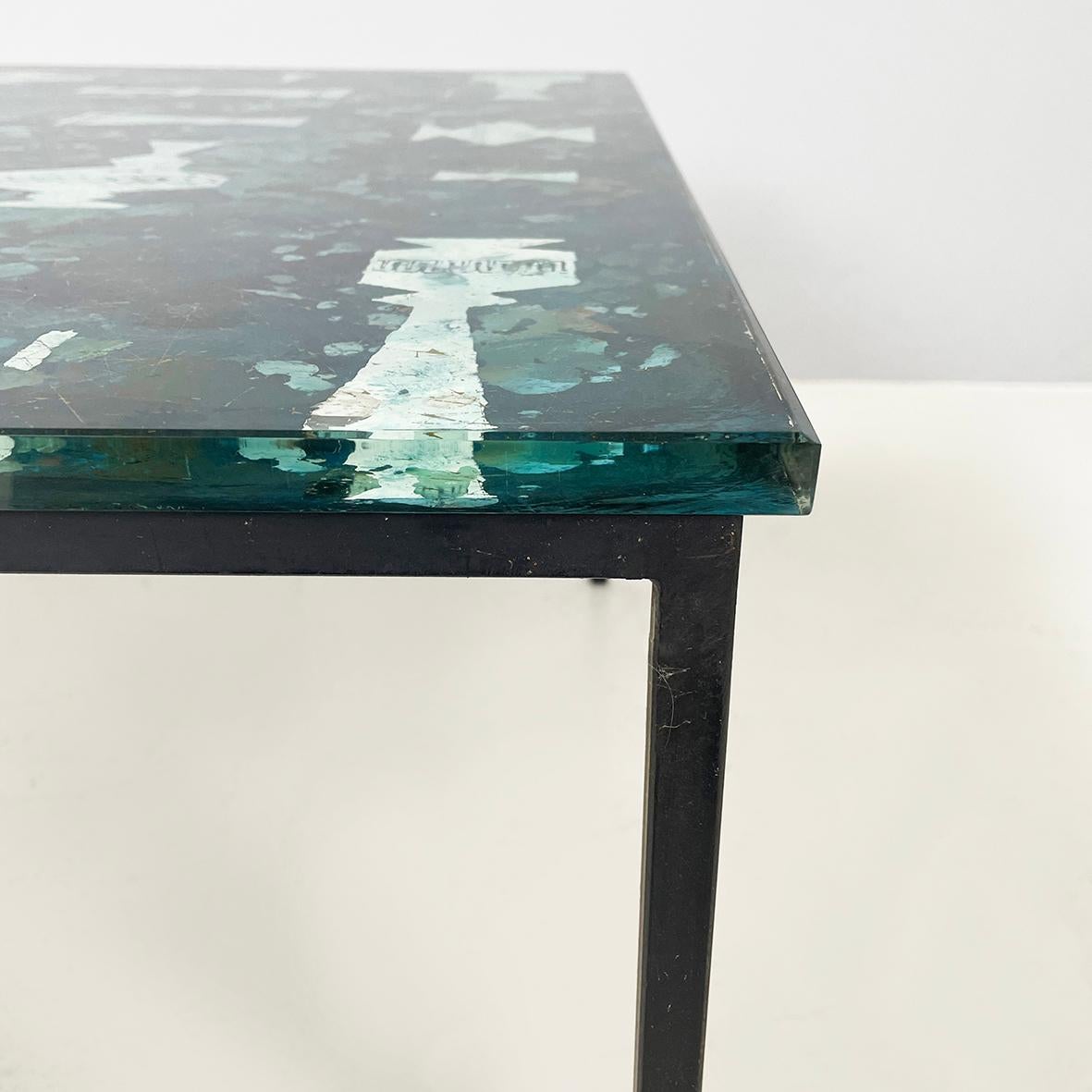 Late 20th Century Italian modern Square coffee table blue decorated glass and black metal, 1980s For Sale