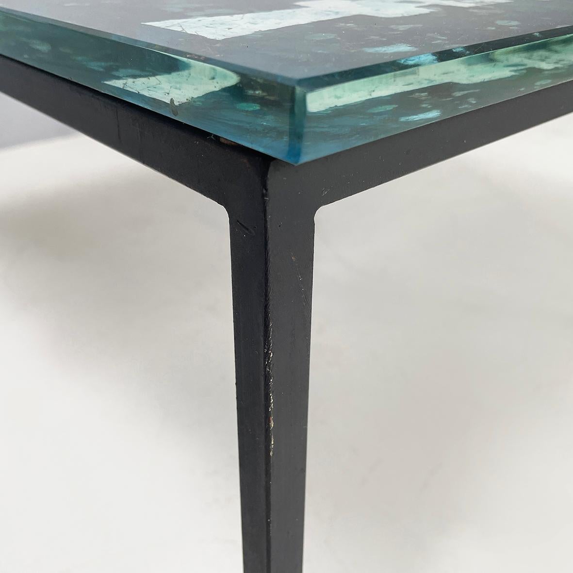 Metal Italian modern Square coffee table blue decorated glass and black metal, 1980s For Sale