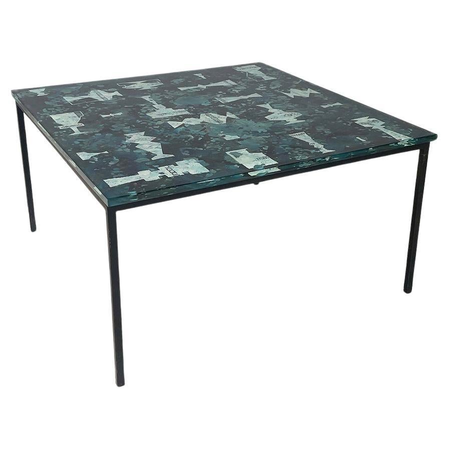 Italian modern Square coffee table blue decorated glass and black metal, 1980s For Sale