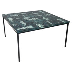 Vintage Italian modern Square coffee table blue decorated glass and black metal, 1980s