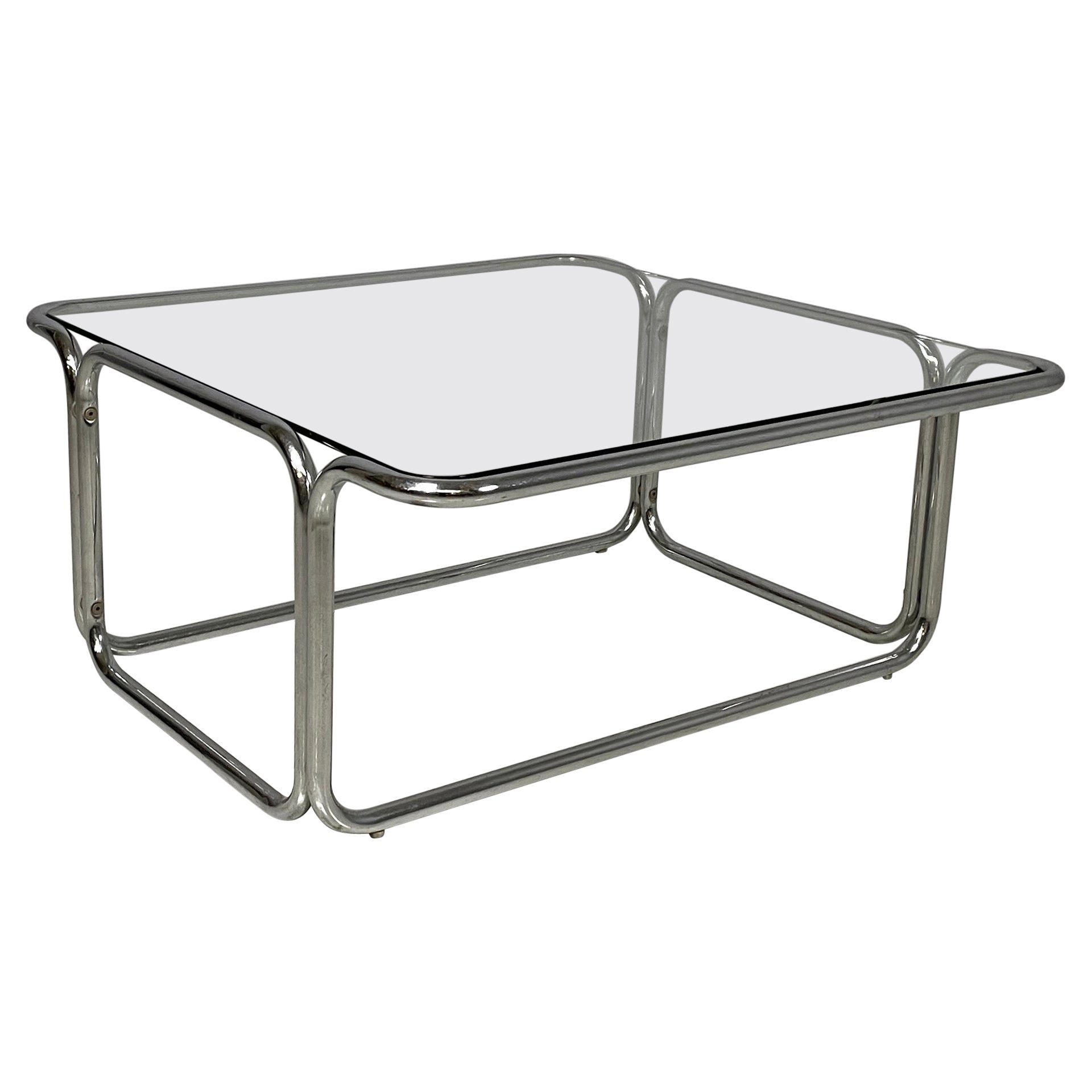 Italian modern square coffee table in glass and chromed steel, 1970s