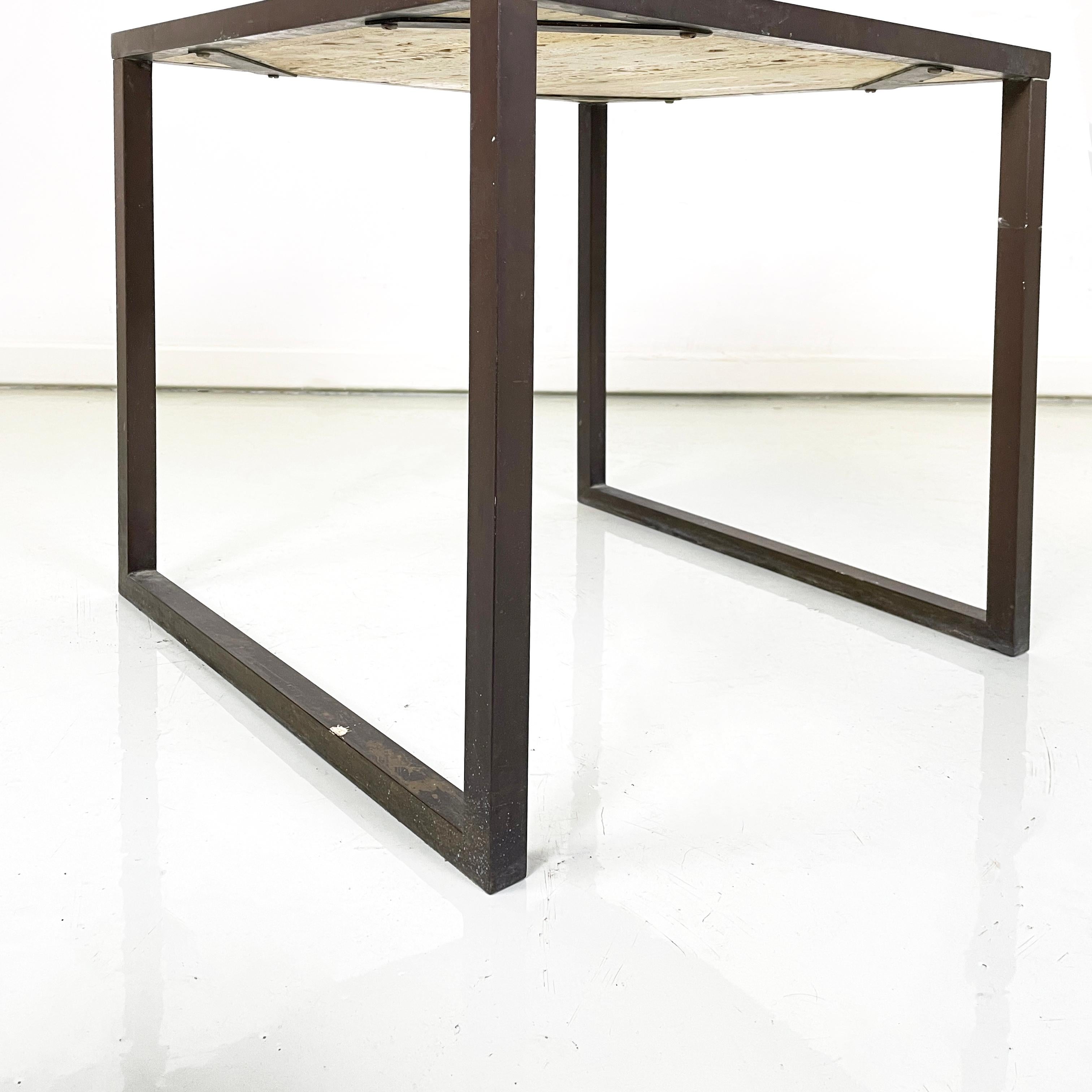 Italian modern Square coffee table in travertine and metal, 1970s For Sale 5