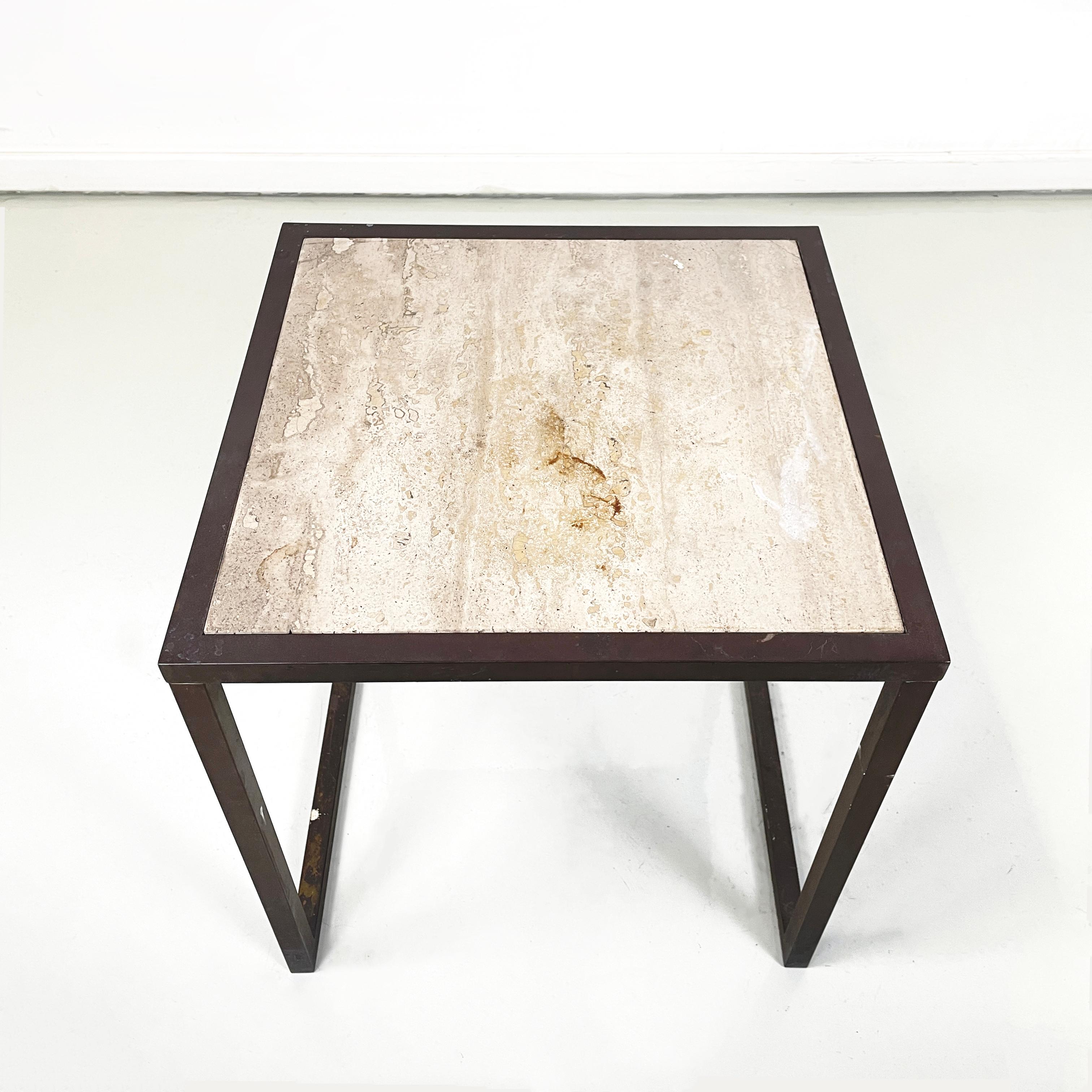 Italian modern Square coffee table in travertine and metal, 1970s In Fair Condition For Sale In MIlano, IT