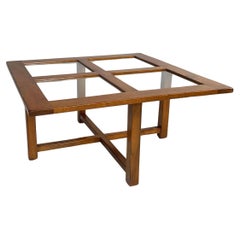 Retro Italian modern Square coffee table in wood and glass, 1980s