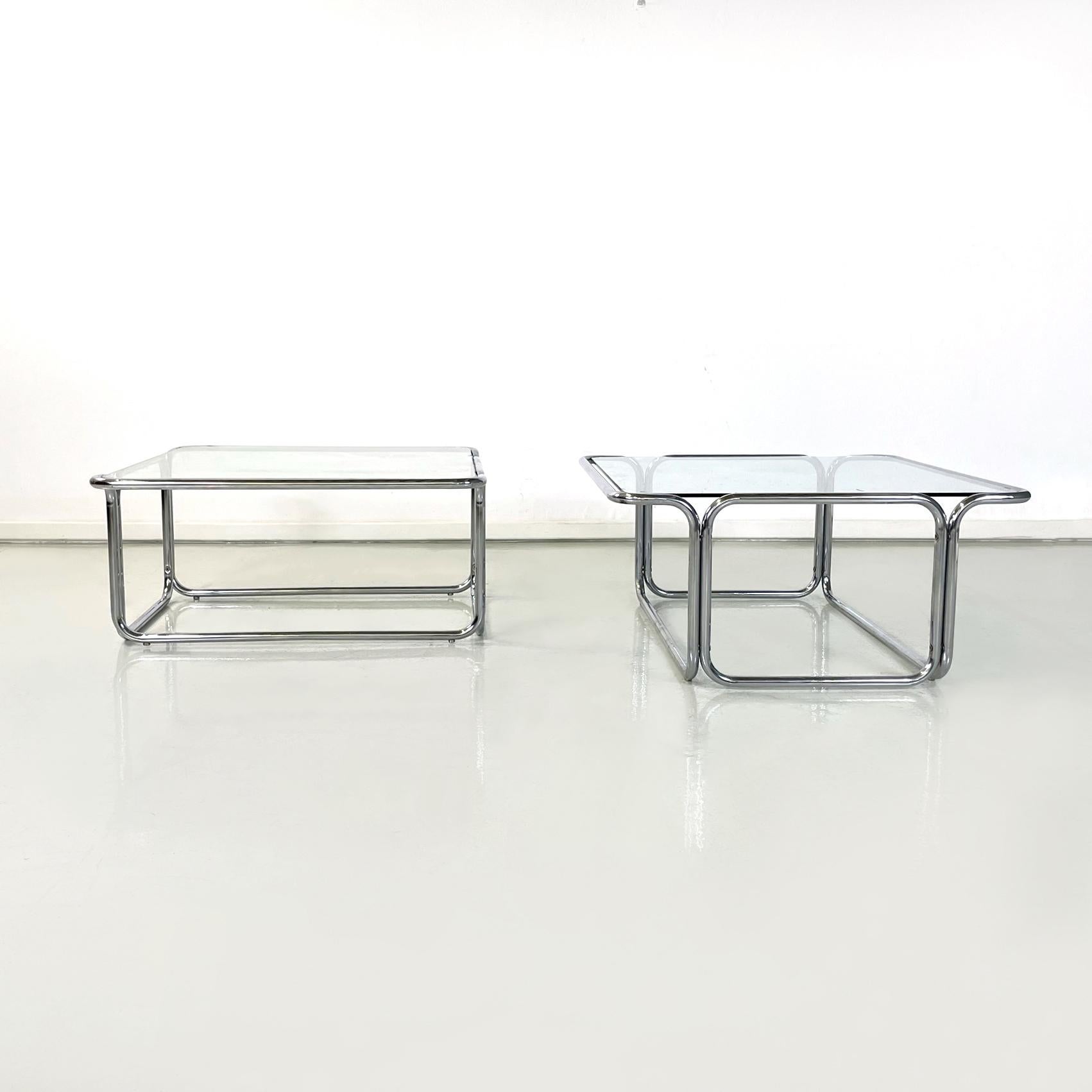 Modern Italian modern Square Coffee tables in glass and chromed steel, 1970s For Sale