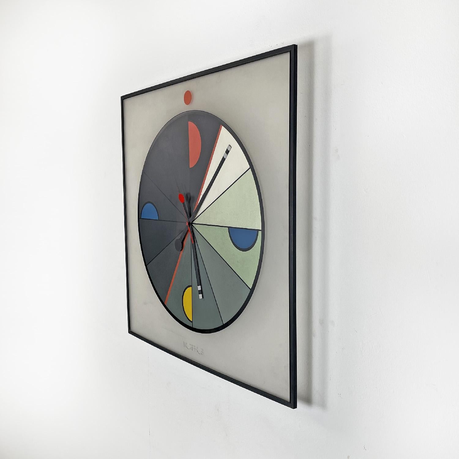 Italian modern square plastic wall clock by Kurt B. Delbanco for Morphos, 1980s
Square plastic wall clock. The dial features a geometric and graphic design with primary colors, black and gray. The hands are in black and red lacquered metal. The