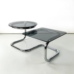 Italian modern Square round coffee table in smoked glass chromed steel, 1970s