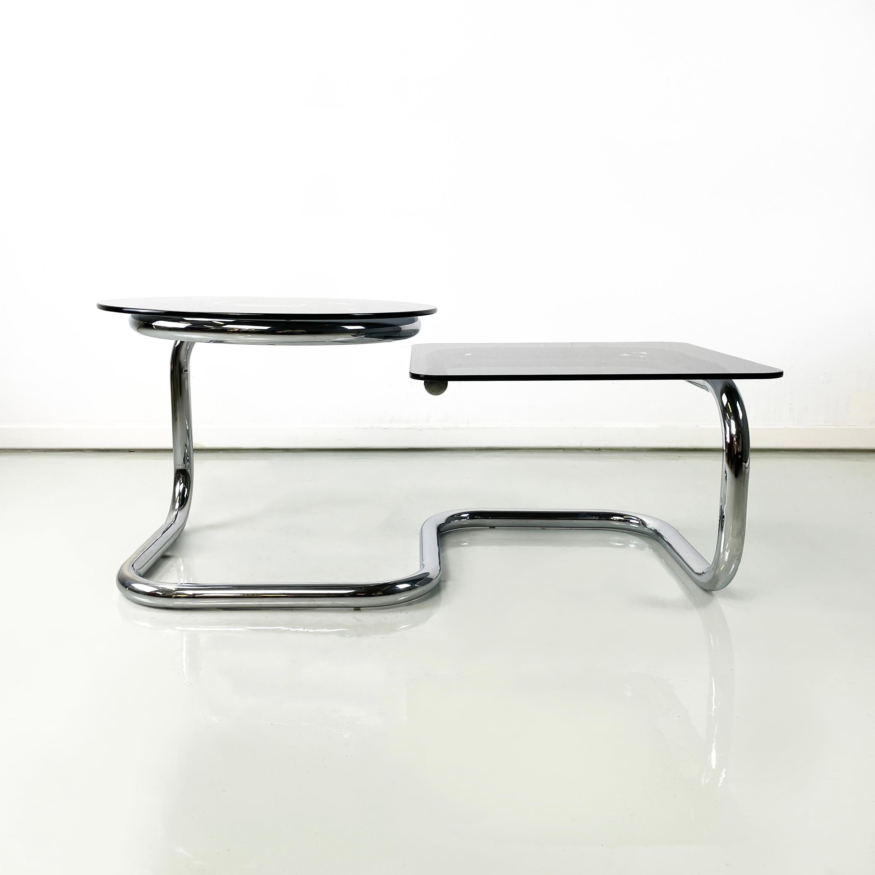 Italian modern Square round coffee table in smoked glass chromed steel, 1970s In Good Condition For Sale In MIlano, IT