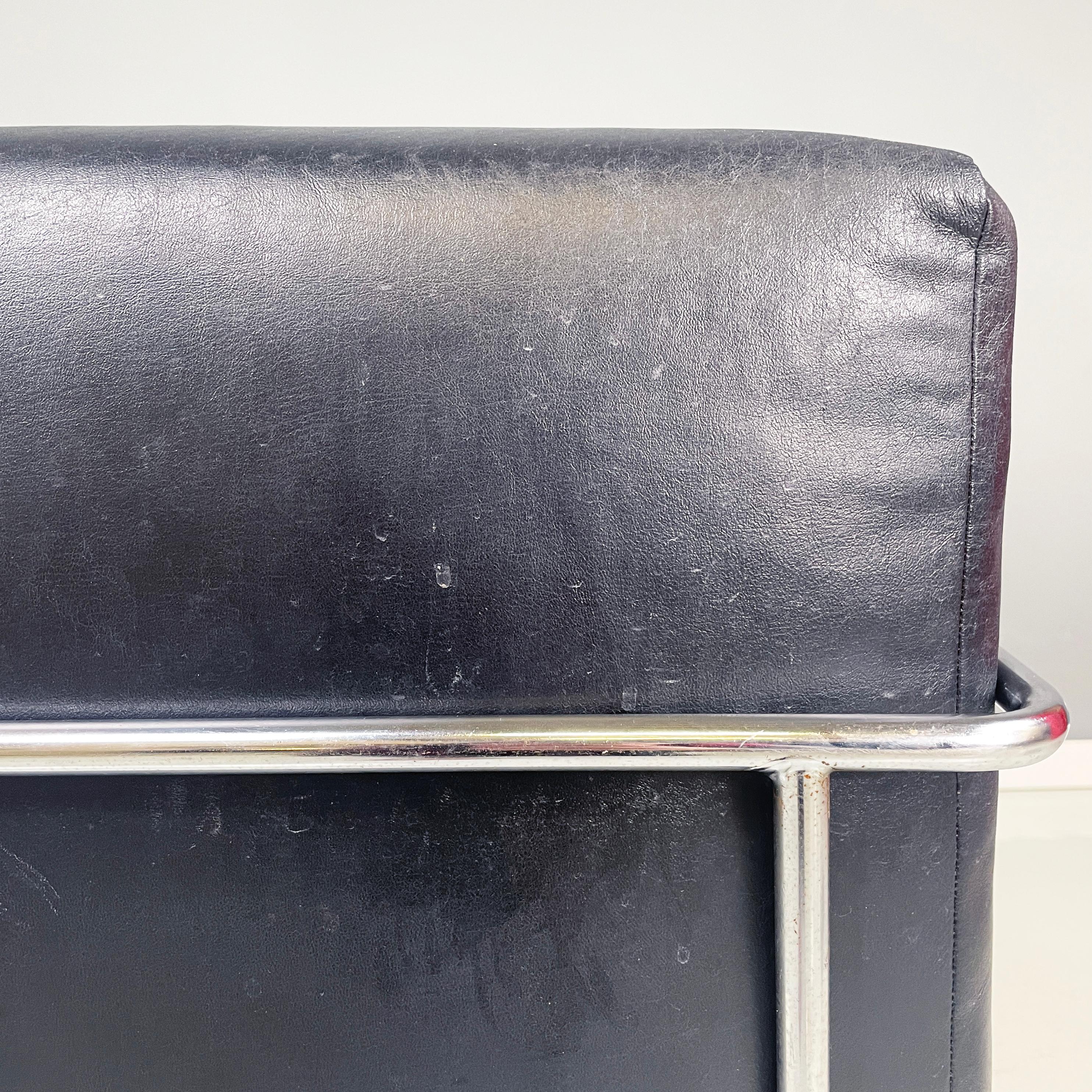 Italian modern squared armchair in black leather and metal, 1980s For Sale 6